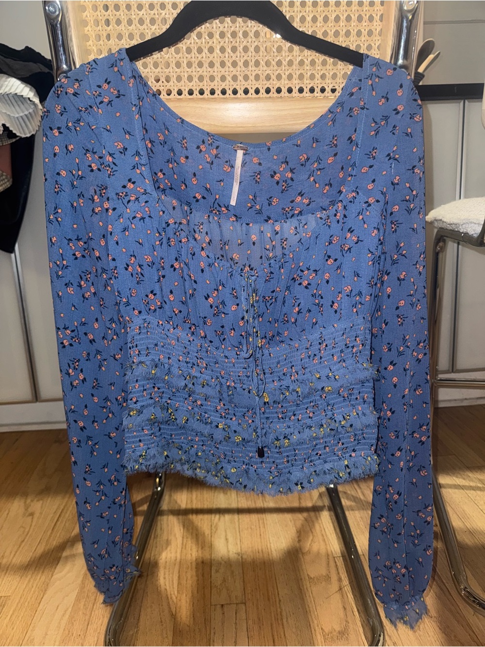Free People Lavender-Blue Floral Smocked Button Front Blouse